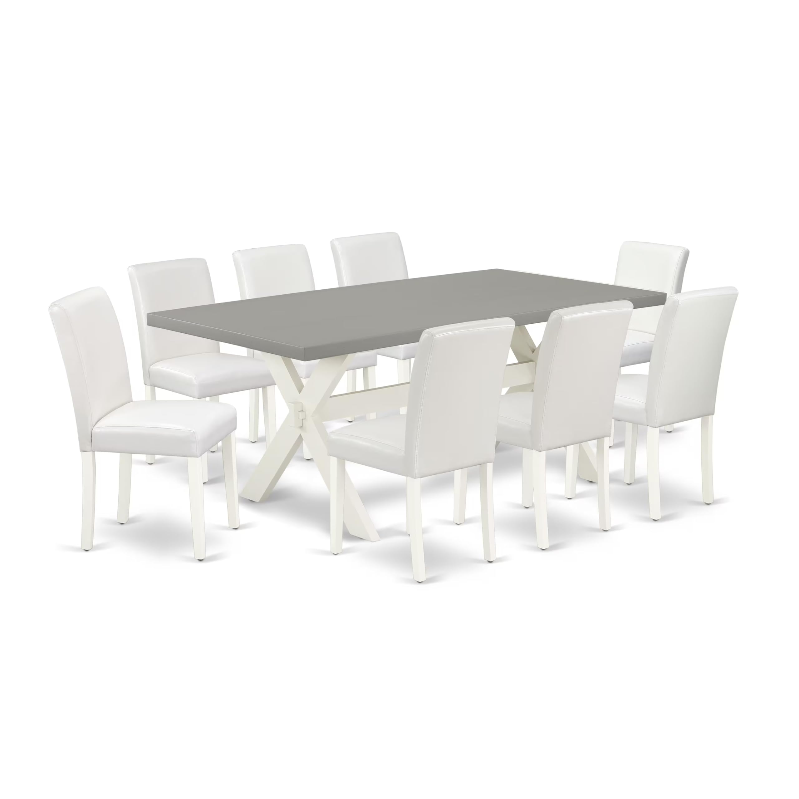 East West Furniture X097Ab264-9 9 Piece Dining Table Set Includes A Rectangle Kitchen Table With X-Legs And 8 White Faux Leather Parson Dining Room Chairs, 40X72 Inch, Multi-Color